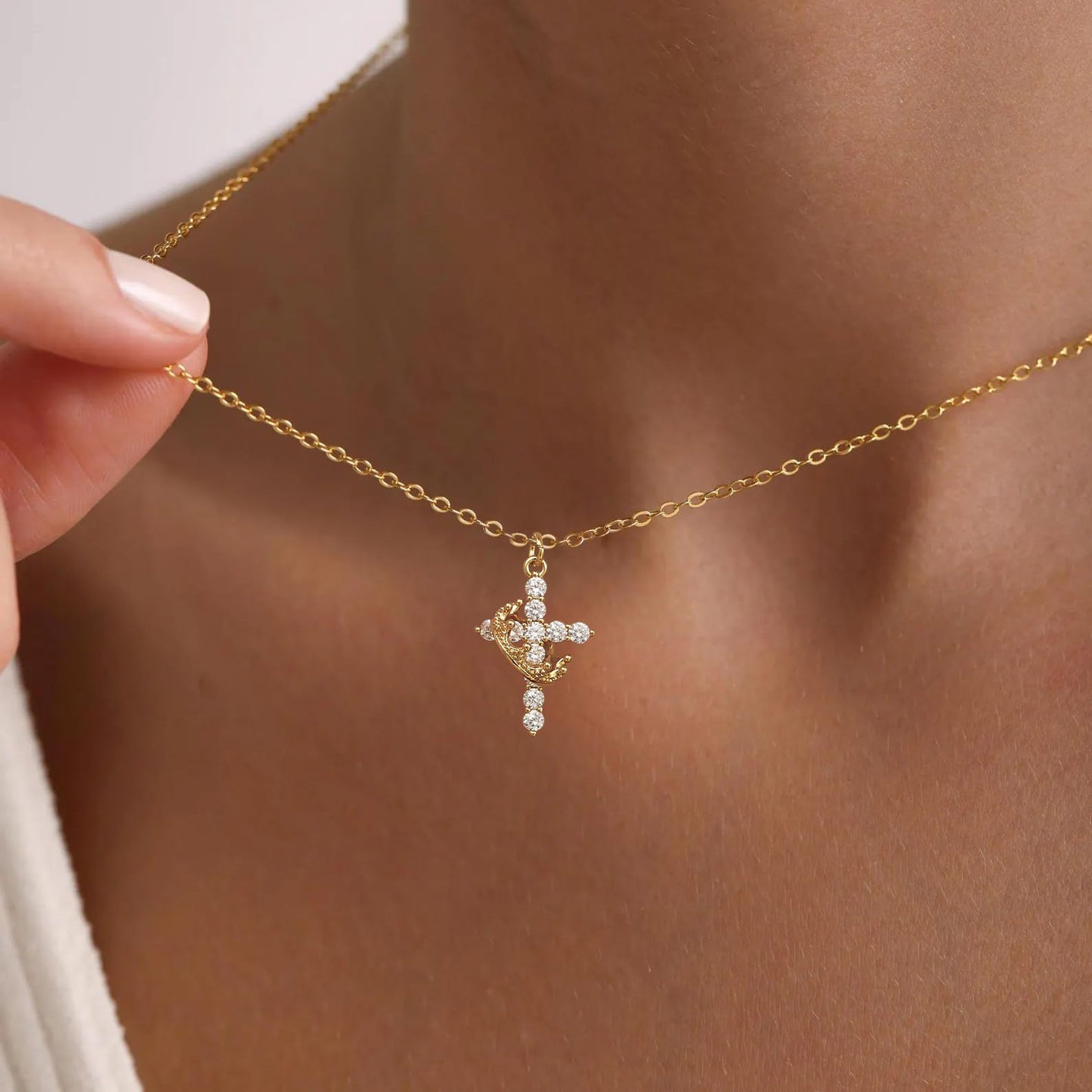 14K Gold Crown Cross Pendant Necklace
