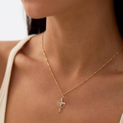14K Gold Crown Cross Pendant Necklace