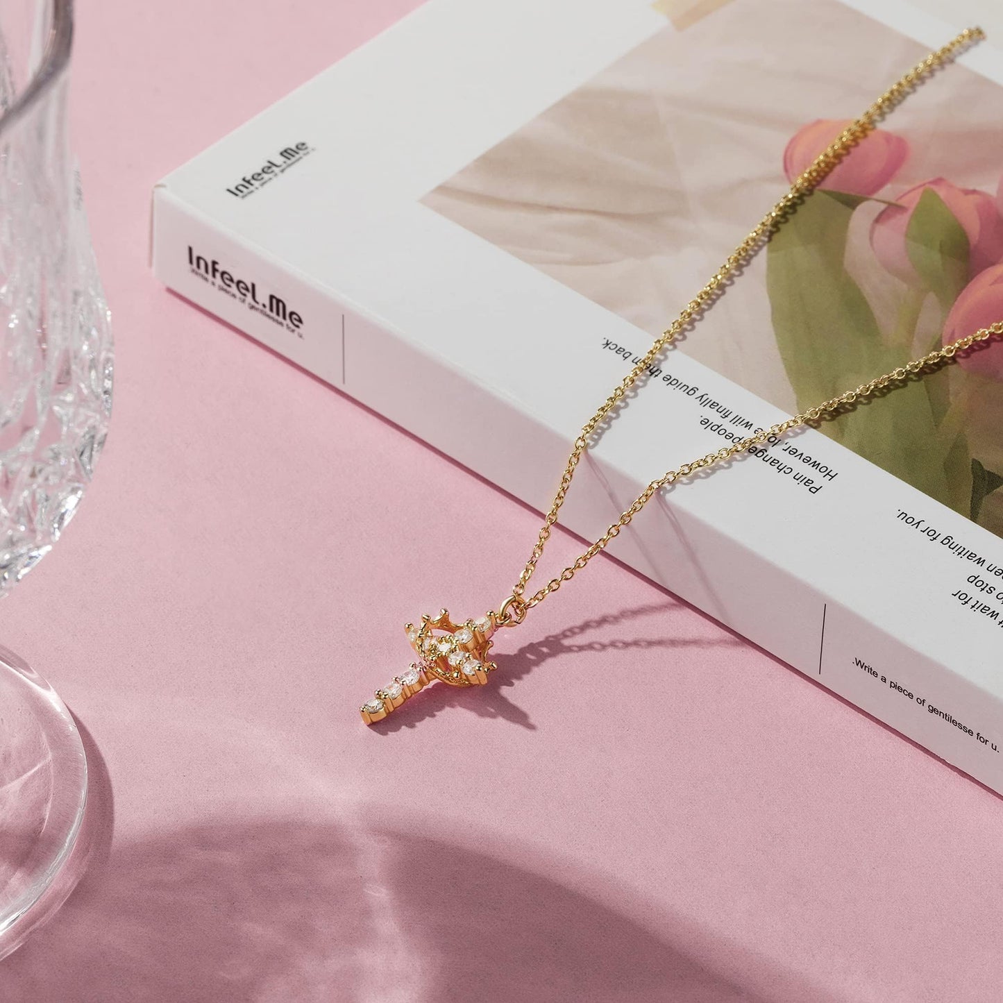 14K Gold Crown Cross Pendant Necklace