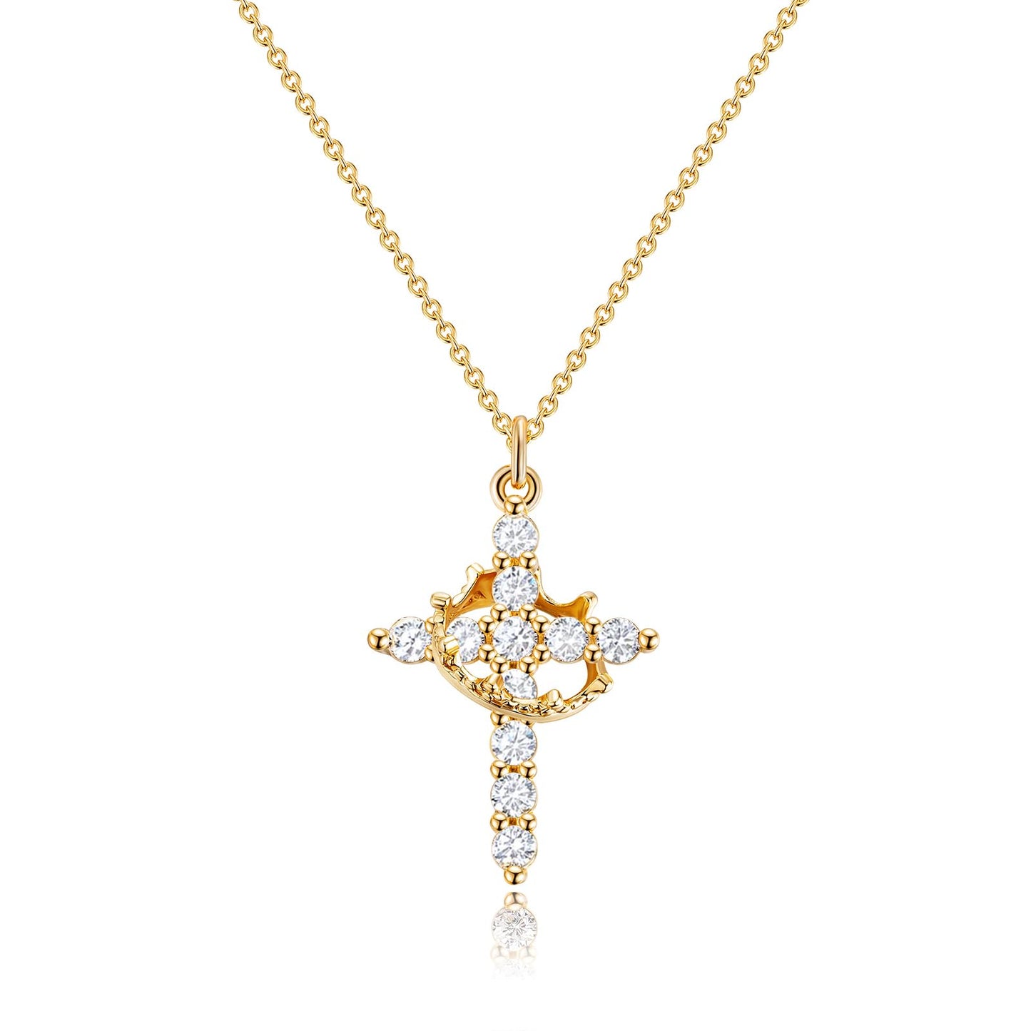 14K Gold Crown Cross Pendant Necklace