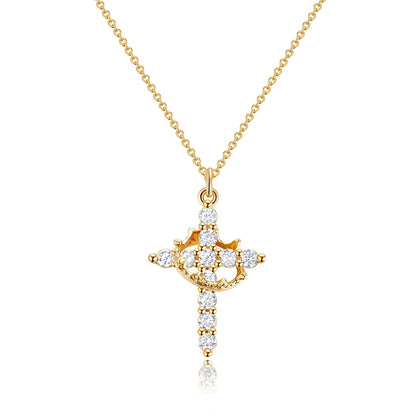 14K Gold Crown Cross Pendant Necklace